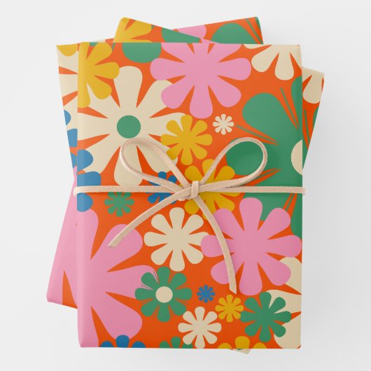 Retro-Blume Mehrfarbiger 60er 70er Blumenmuster Geschenkpapier Set (Beispiel)