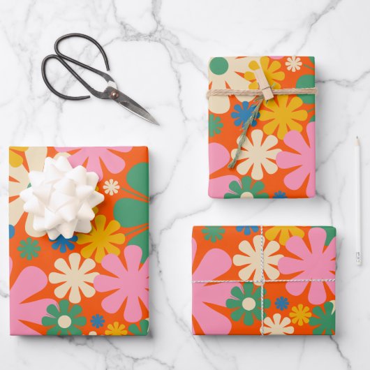 Retro-Blume Mehrfarbiger 60er 70er Blumenmuster Geschenkpapier Set (Vorderseite)