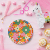 Retro-Blume Mehrfarbiger 60er 70er Blumenmuster Pappteller (Party)