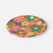 Retro-Blume Mehrfarbiger 60er 70er Blumenmuster Pappteller (Schrägansicht)