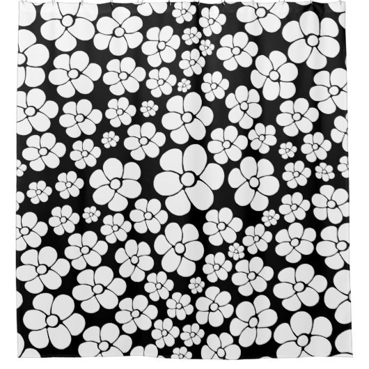 Retro Blume Muster in Weiß auf Schwarz Duschvorhang (Vorderseite)