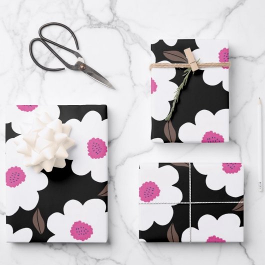 Retro Blume Muster in Weiß auf Schwarz Geschenkpapier Set