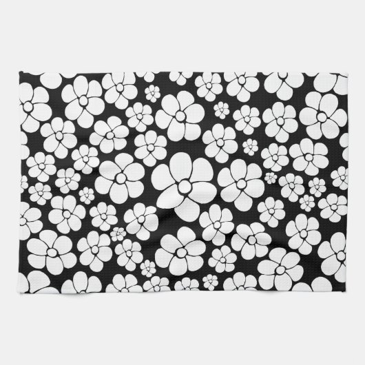 Retro Blume Muster in Weiß auf Schwarz Geschirrtuch (Horizontal)