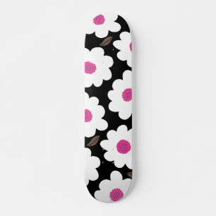 Retro Blume Muster in Weiß auf Schwarz Skateboard