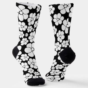Retro Blume Muster in Weiß auf Schwarz Socken