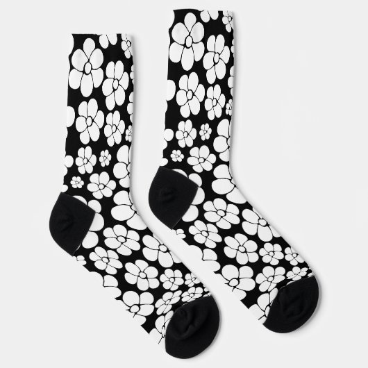 Retro Blume Muster in Weiß auf Schwarz Socken (Rechts)