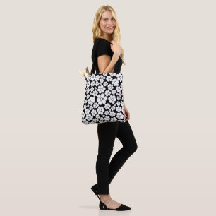 Retro Blume Muster in Weiß auf Schwarz Tasche