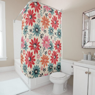 Retro Blume Muster Rot Orange Blau Duschvorhang