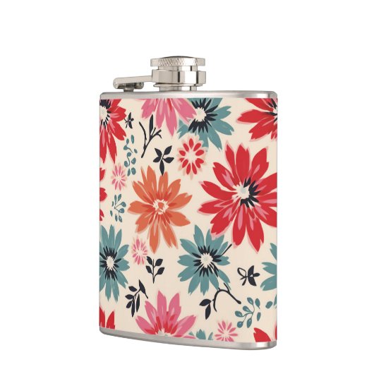 Retro Blume Muster Rot Orange Blau Flachmann (Links)