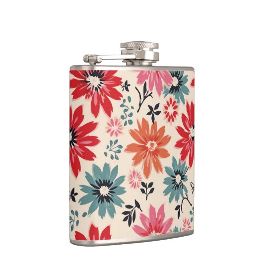 Retro Blume Muster Rot Orange Blau Flachmann (Rechts)