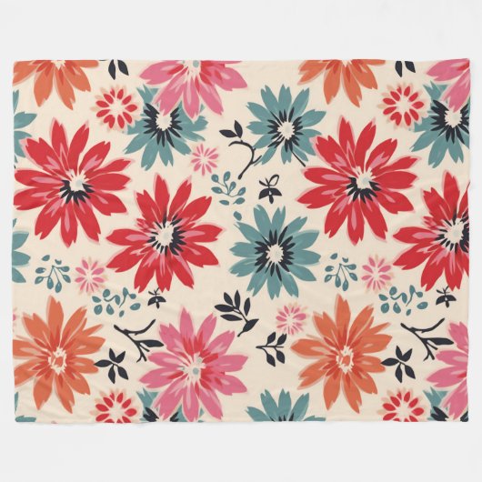 Retro Blume Muster Rot Orange Blau Fleecedecke (Vorderseite (Horizontal))
