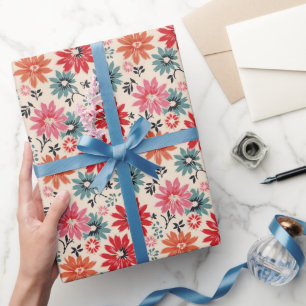 Retro Blume Muster Rot Orange Blau Geschenkpapier