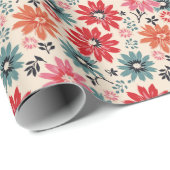 Retro Blume Muster Rot Orange Blau Geschenkpapier (Rolleneckpunkt)