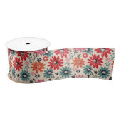 Retro Blume Muster Rot Orange Blau Satinband (Spule)