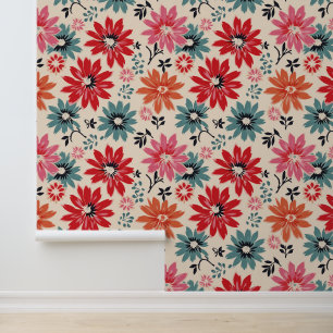 Retro Blume Muster Rot Orange Blau Tapete