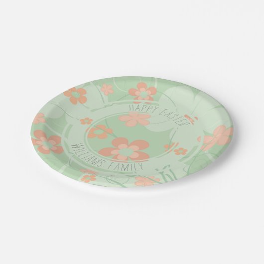 Retro Blume Niedlich Korallenrosa Grüner Frühling Pappteller (Schrägansicht)