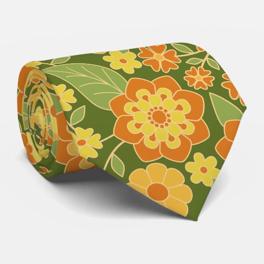 Retro-Blume - olivgrünes Orangengold Krawatte (Gerollt)