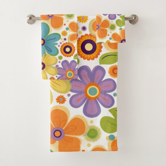 Retro-Blume Orange Lilac und Green Badhandtuch Set (Insitu)