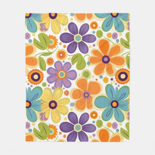 Retro-Blume Orange Lilac und Green Fleecedecke (Vorderseite)