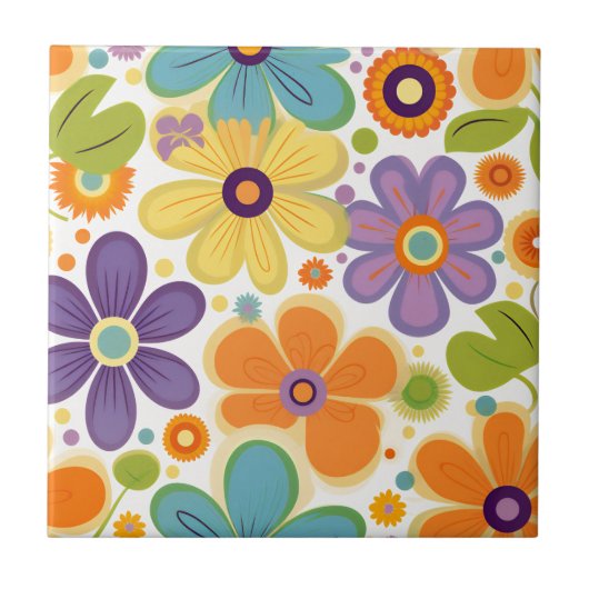 Retro-Blume Orange Lilac und Green Fliese (Vorderseite)