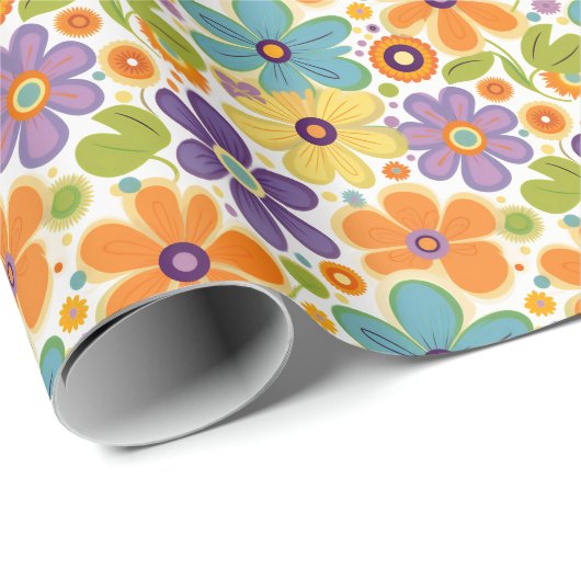 Retro-Blume Orange Lilac und Green Geschenkpapier (Rolleneckpunkt)