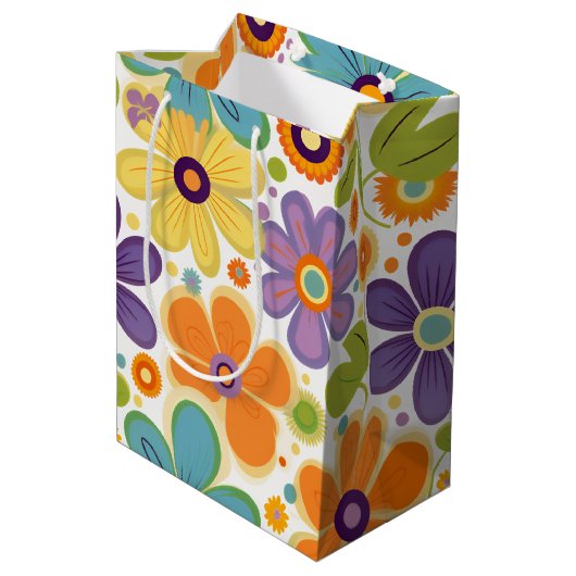 Retro-Blume Orange Lilac und Green Mittlere Geschenktüte (Rückseite Schrägansicht)