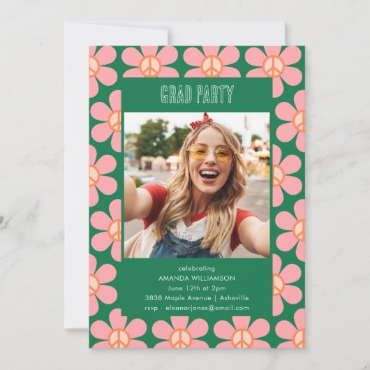 Retro Blume Peace Pink Green Grad Party Foto Einladung (Vorderseite)