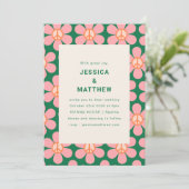 Retro Blume Peace Pink Green Groovy Hochzeit Einladung (Stehend Vorderseite)