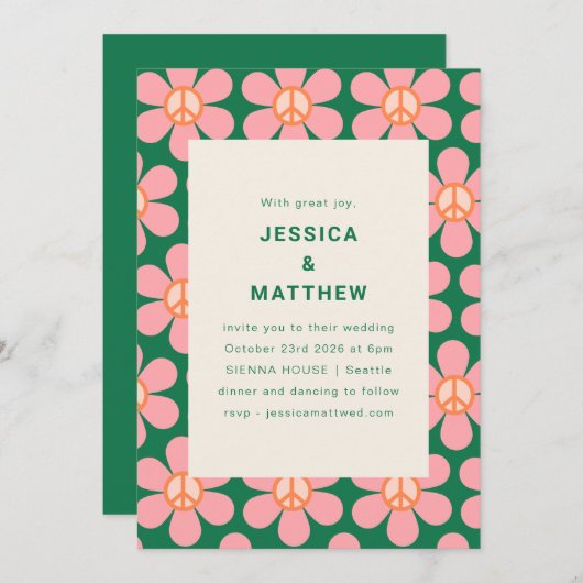 Retro Blume Peace Pink Green Groovy Hochzeit Einladung (Vorne/Hinten)