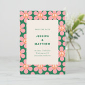 Retro Blume Peace Pink Green Groovy Hochzeit Save The Date (Stehend Vorderseite)