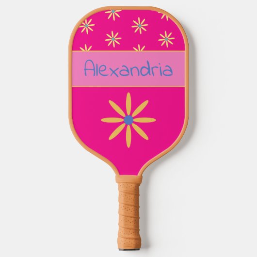 Retro-Blume Personalisierter Name Hot Pink Pickleball Schläger (Vorderseite)