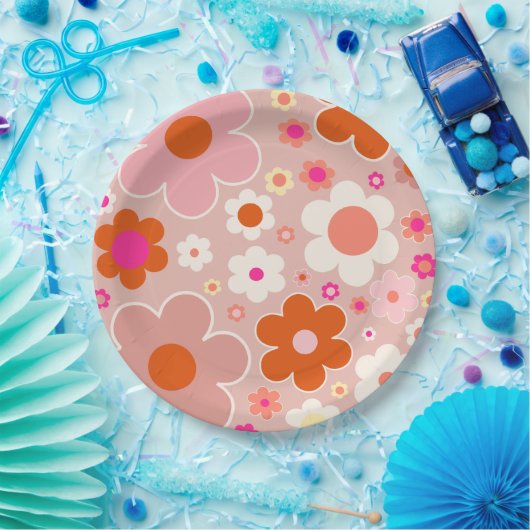 Retro-Blume Pfirsichfarben Rosa orange Pappteller (Party)