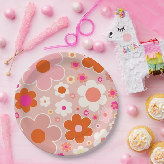 Retro-Blume Pfirsichfarben Rosa orange Pappteller (Party)