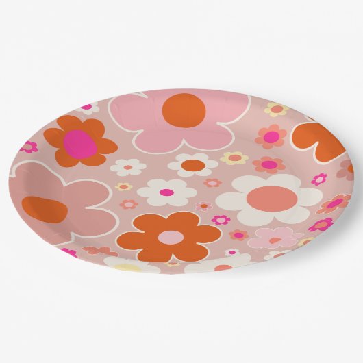 Retro-Blume Pfirsichfarben Rosa orange Pappteller (Schrägansicht)