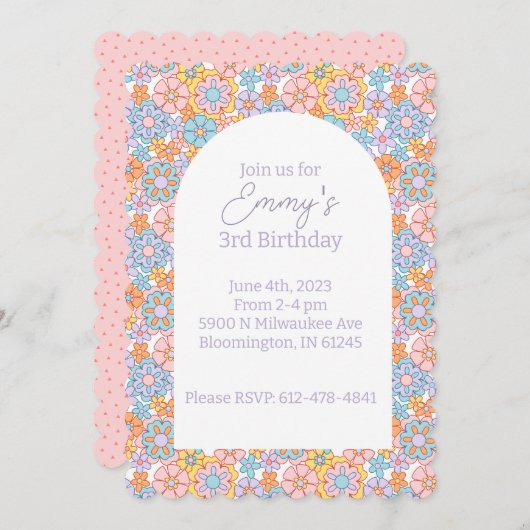 Retro Blume Power Groovy Einladung (Vorne/Hinten)