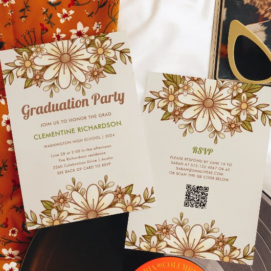 Retro-Blume | QR Code 2024 Graduation Party Einladung