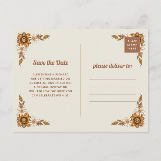 Retro-Blume | QR Code Wedding Save the Date Ankündigungspostkarte (Rückseite)