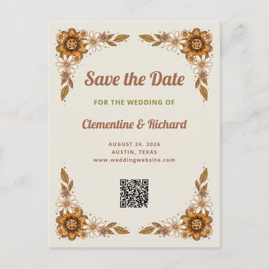 Retro-Blume | QR Code Wedding Save the Date Ankündigungspostkarte (Vorderseite)