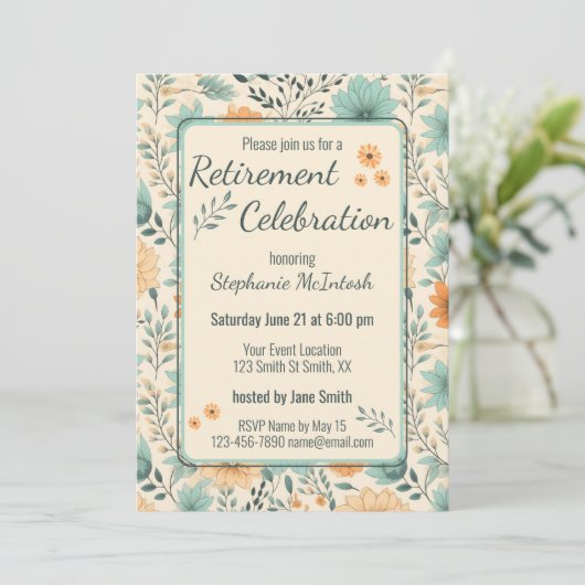 Retro-Blume Rente Celebration Party Einladung (Stehend Vorderseite)