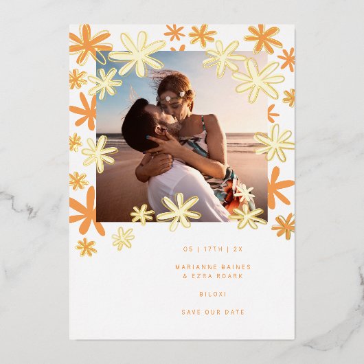 RETRO-BLUME SAVE THE DATE FOLIENEINLADUNG (Vorderseite)