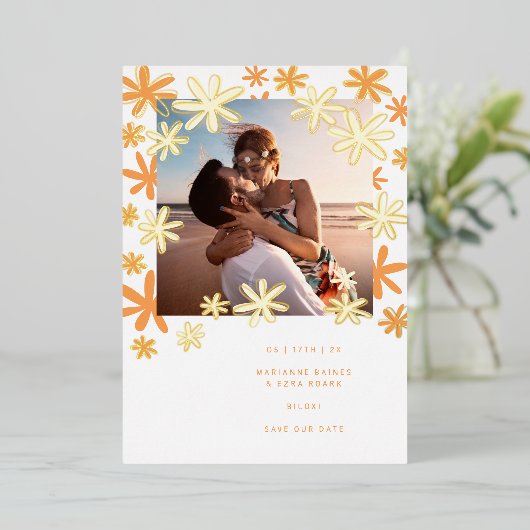 RETRO-BLUME SAVE THE DATE FOLIENEINLADUNG (Stehend vorne)