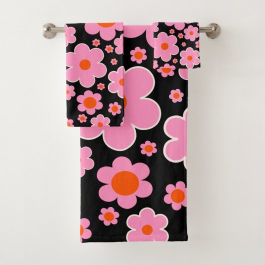 Retro-Blume Schwarz Rosa und Orange Badhandtuch Set (Insitu)