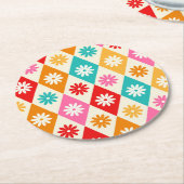 Retro-Blume über farbenfrohe Harlequin Diamonds Runder Pappuntersetzer (Angewinkelt)