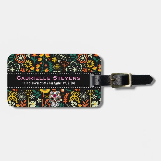 Retro-Blume und Zuckerschädel Gepäckanhänger (Vorderseite horizontal)