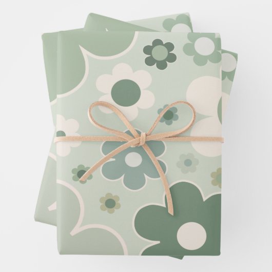 Retro-Blume zeigen Grünes Abstraktes Blumenmuster Geschenkpapier Set (Beispiel)