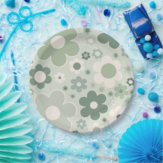 Retro-Blume zeigen Grünes Abstraktes Blumenmuster Pappteller (Party)