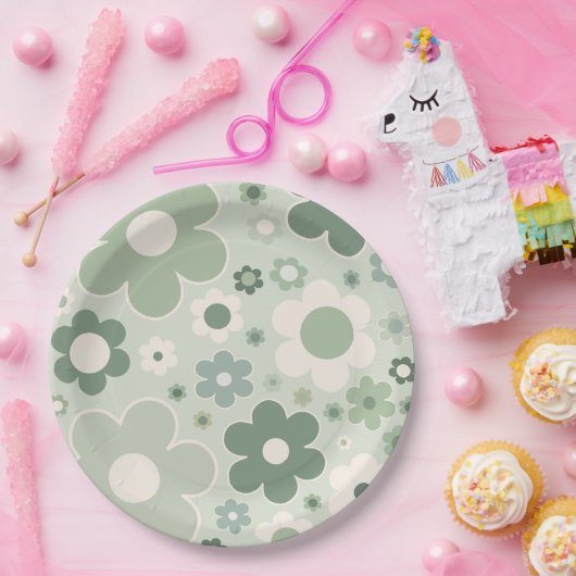 Retro-Blume zeigen Grünes Abstraktes Blumenmuster Pappteller (Party)