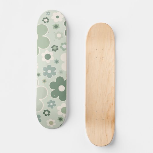 Retro-Blume zeigen Grünes Abstraktes Blumenmuster Skateboard (Vorderseite)