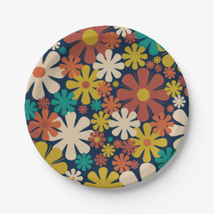 Retro-Blumen 60er 70er Ästhetik-Blumenmuster Pappteller