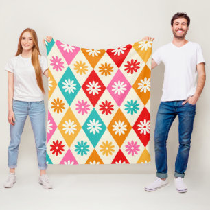 Retro-Blumen auf farbenfrohen Harlekin-Diamanten Fleecedecke